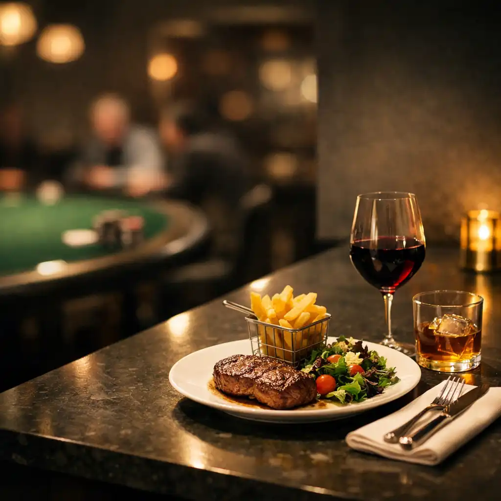 Warmly lit bar and dining setting with green felt detail near a card lounge