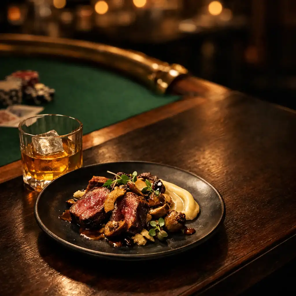 Plated dish and tumbler on a dark timber table beside green felt