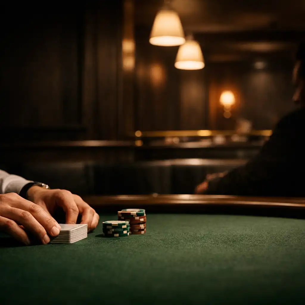 Dealer hands arranging cards above deep green felt in the Card Lounge
