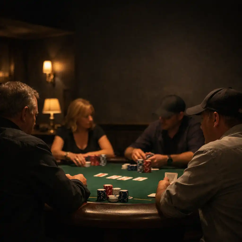 Adult players gathered around a green felt table in a dark card lounge