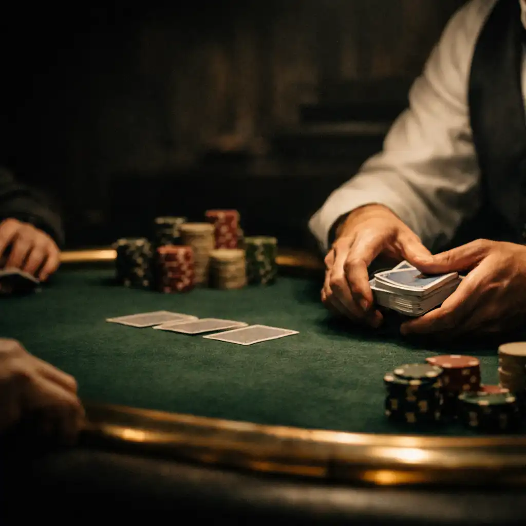 Dealer hands and players at a green-felt poker table in a dark card room