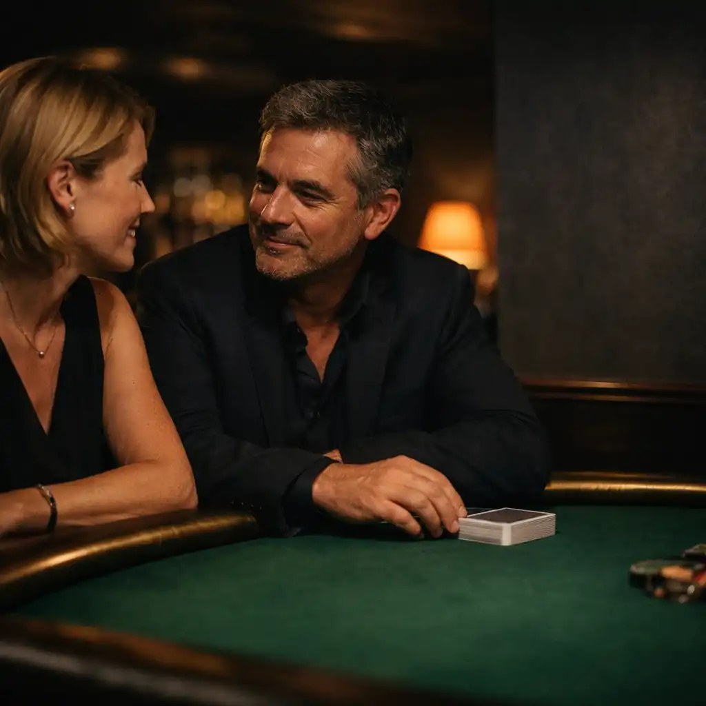 Adult visitors talking quietly beside a green-felt table in the Card Lounge