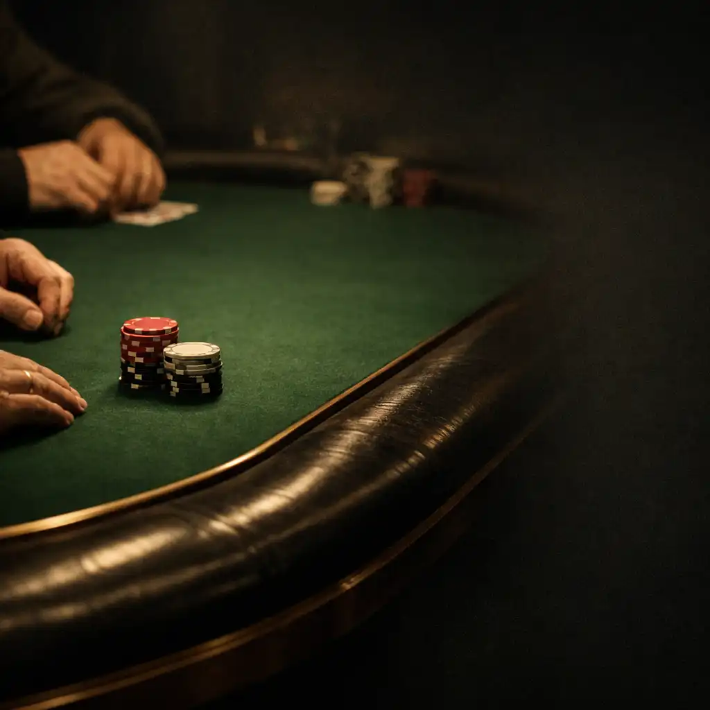 Dark polished card room rail curving around green felt with chips and adult player hands