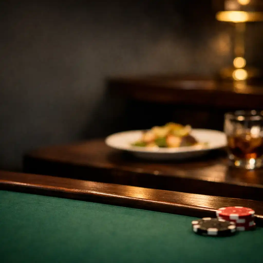 Green poker felt in the foreground with a softly lit hospitality setting beyond