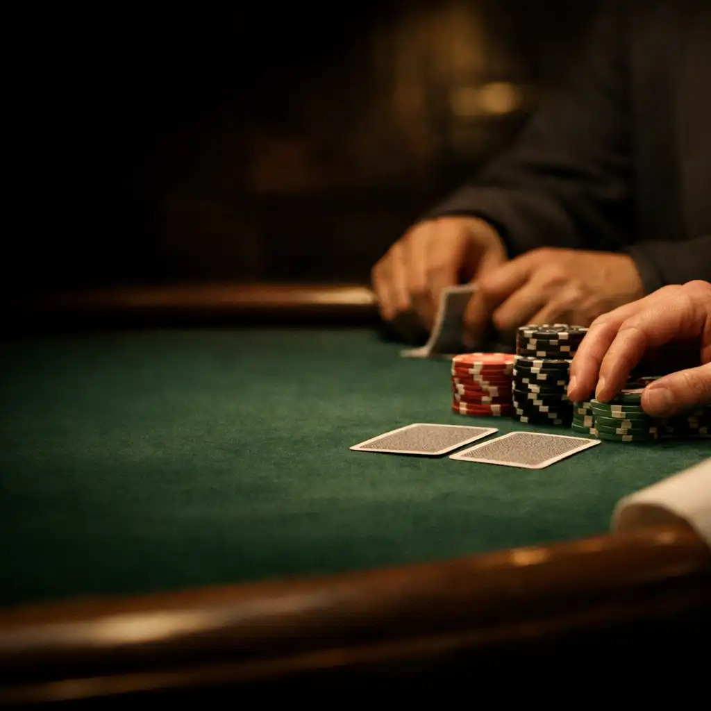 Adult players' hands, chips and face-down cards on green felt at an in-person poker table