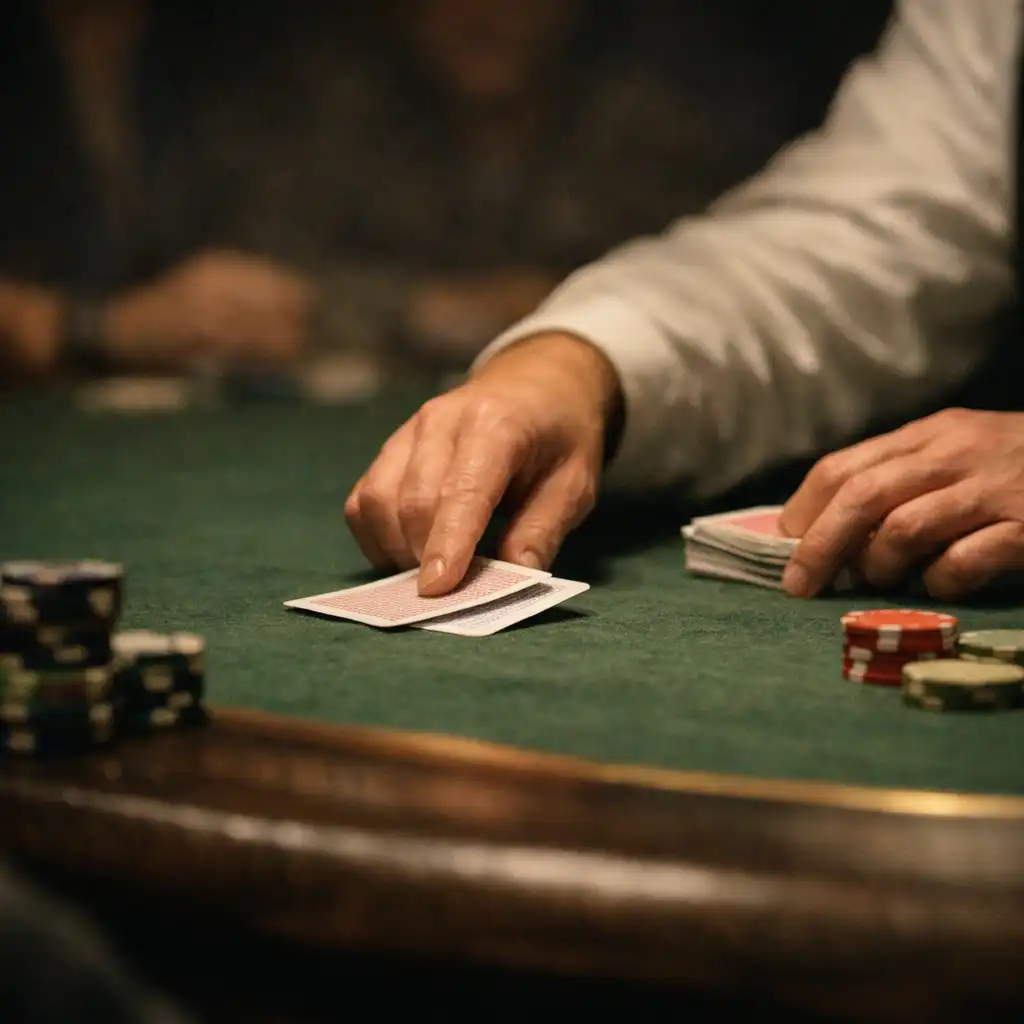 Close view of hands dealing physical cards over textured green felt at a poker table