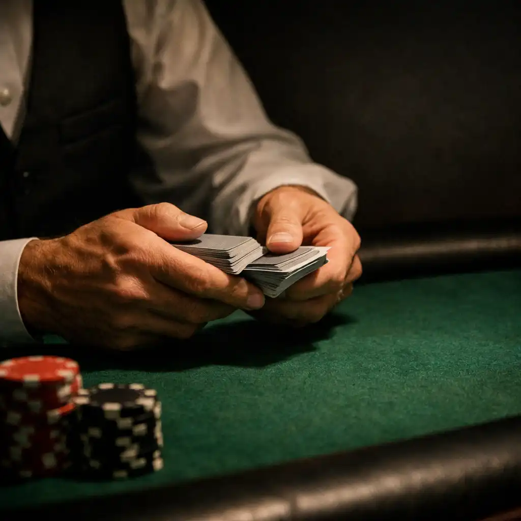 Dealer hands managing cards over deep green felt with chip stacks at the table edge