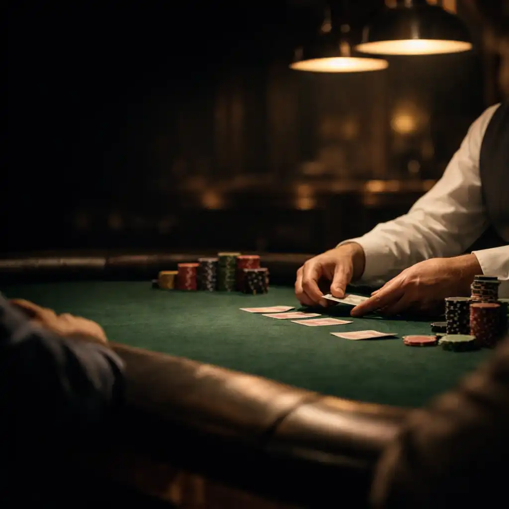 Dealer hands dealing cards beside chips on a green felt poker table