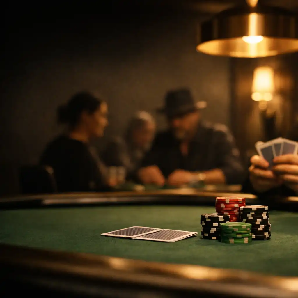 Green felt poker table with cards and chips in a dim, focused card-room setting