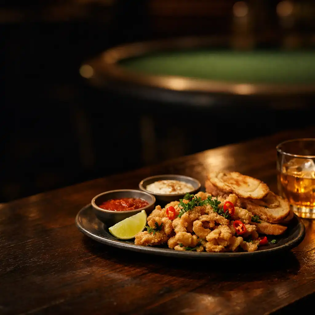 Plated shared dish on a dark timber bar in a warmly lit venue setting