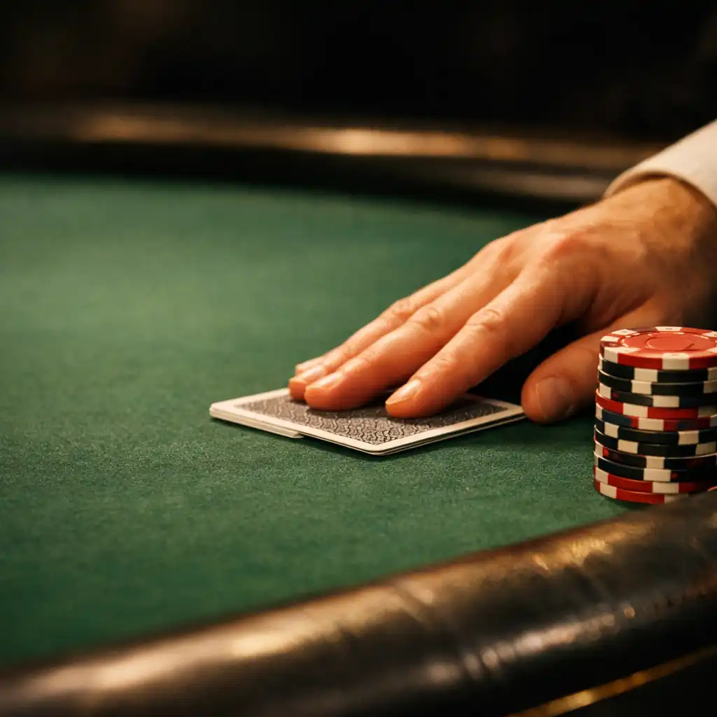 Chips and face-down cards on green felt beside a dealer hand