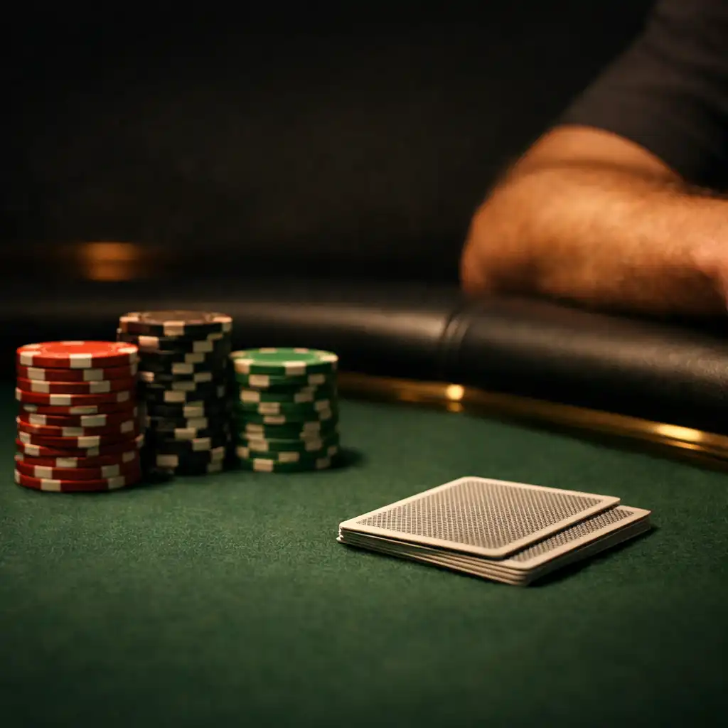 Green felt, poker chips, card edges and a player forearm beside a dark table rail