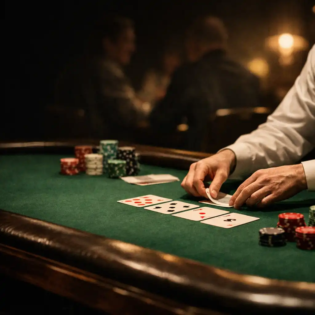 Dealer hands, chips and green felt on a real poker table at Card Annex Wagga