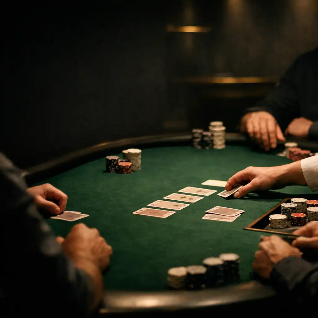 Dealer hand, chips and players gathered around a green felt poker tournament table
