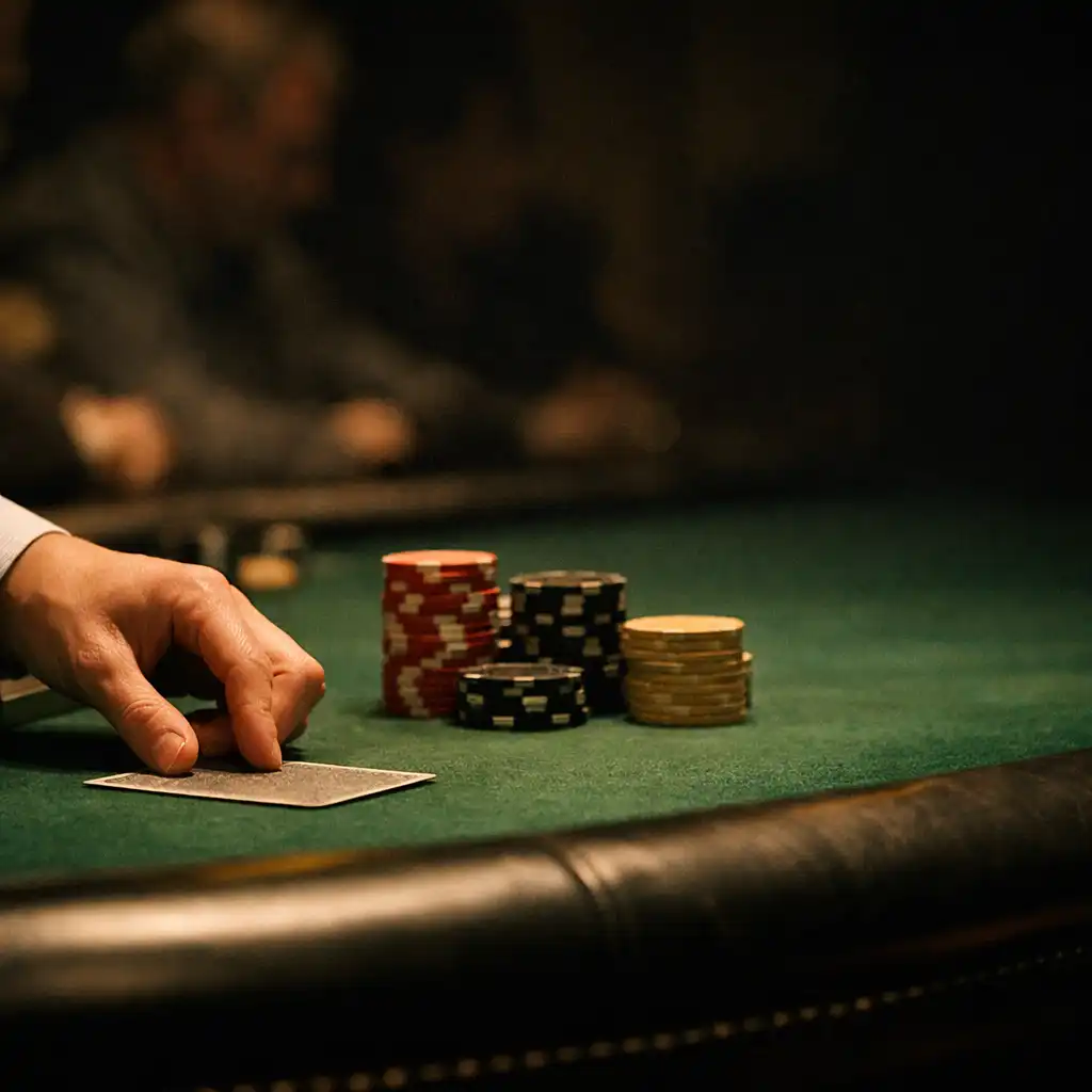 Dealer hand placing a card beside orderly chips on a green felt poker table