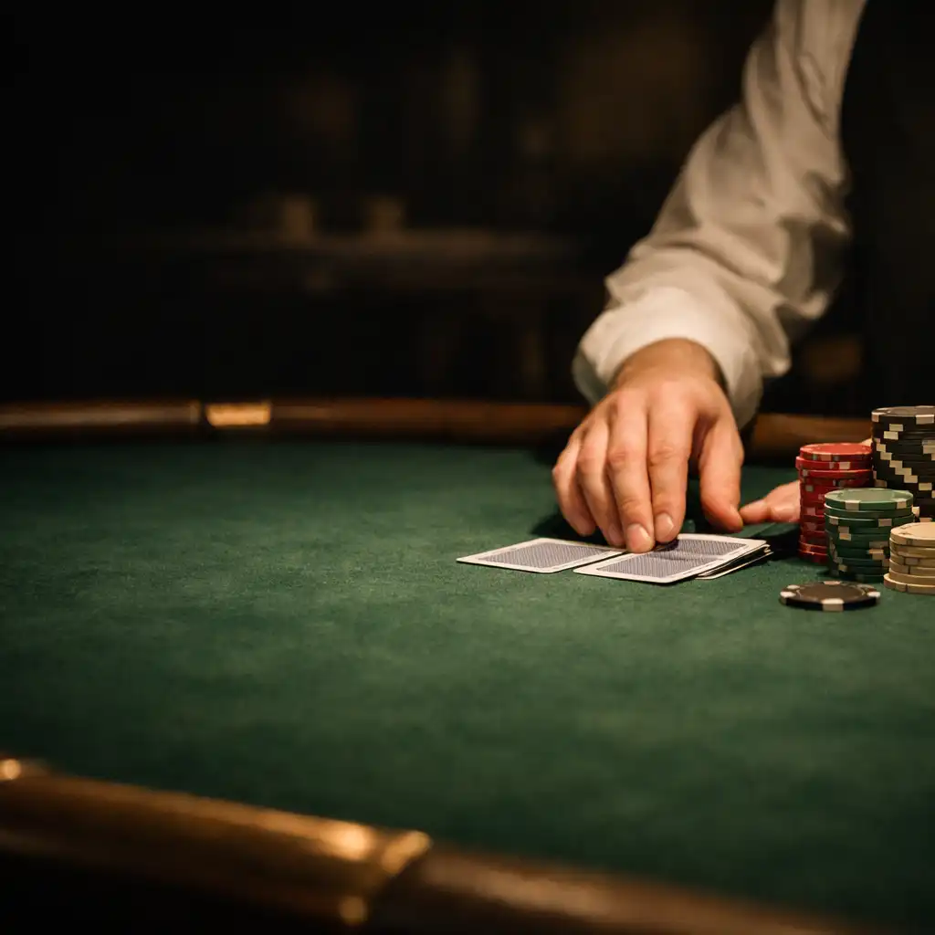 Dealer hands placing cards on a green felt poker table beside a restrained stack of chips