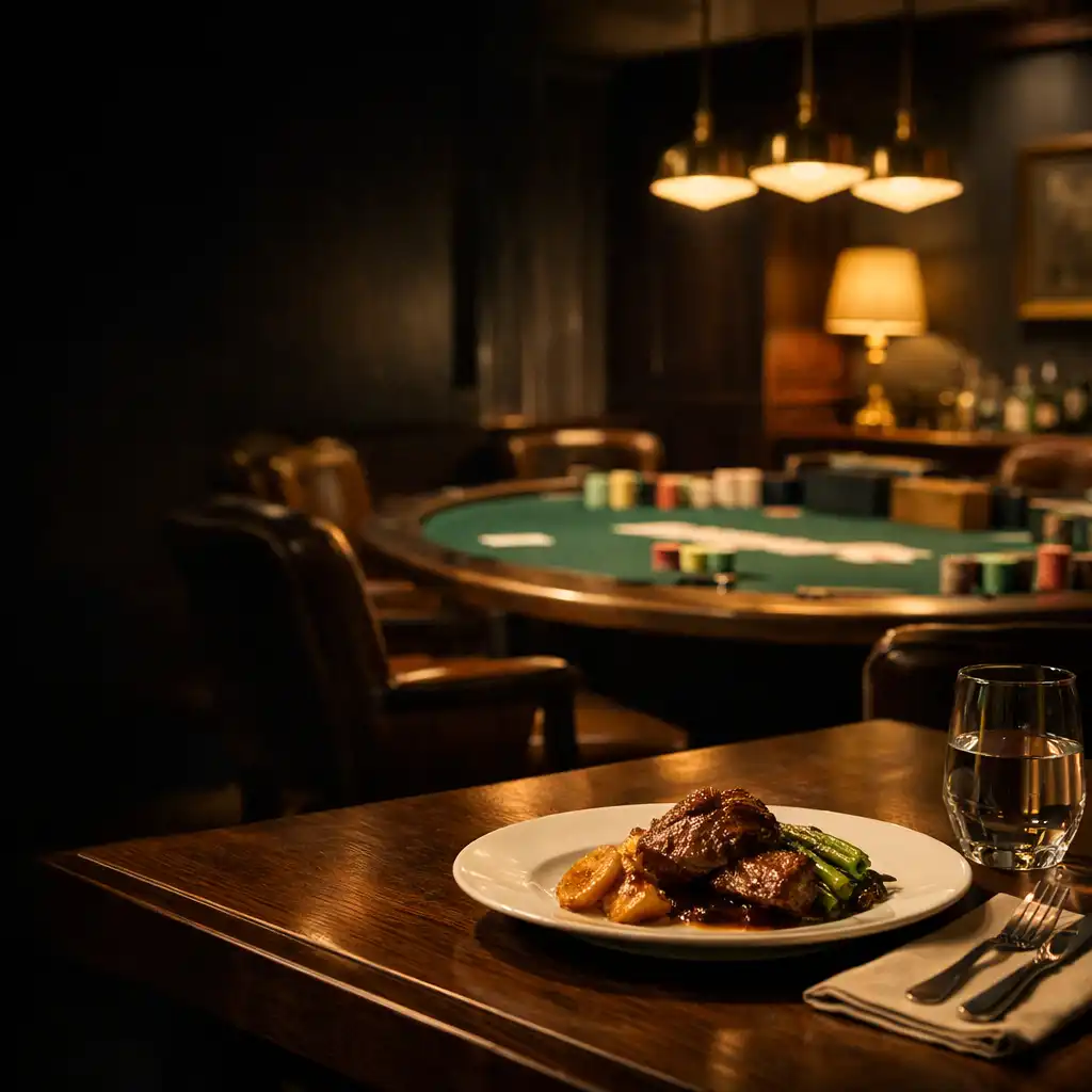 A plated meal beside green felt, cards and poker chips in a warmly lit card-room setting