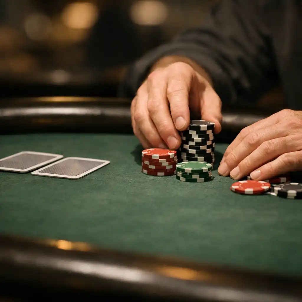Hands arranging poker chips beside face-down cards on textured green felt