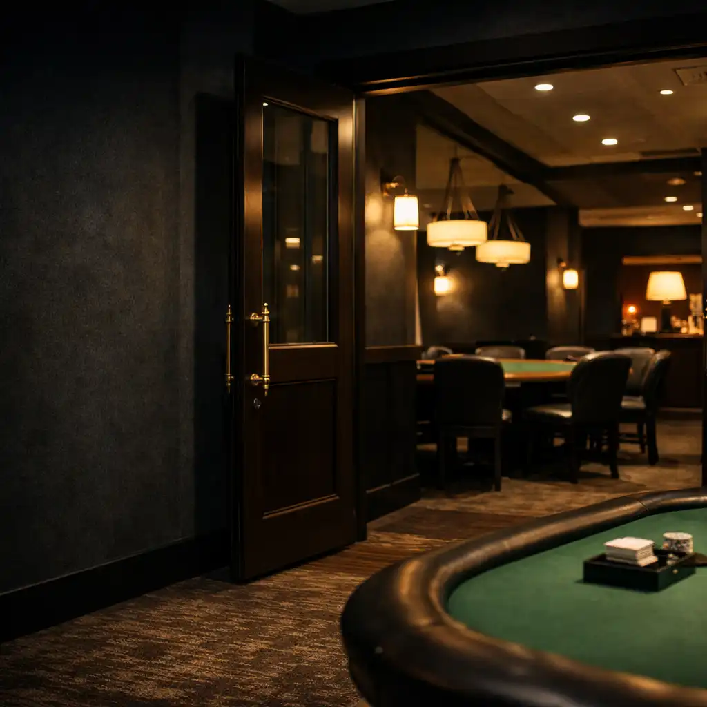 Low-light interior of a poker venue with warm lighting, dark architecture and green felt table edge