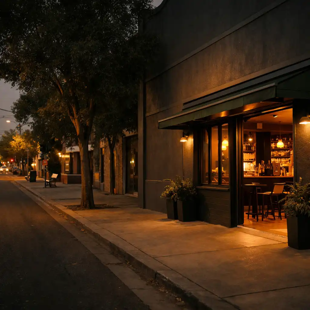 Atmospheric evening streetscape in Wagga Wagga with warm light along a calm street